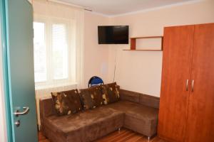 尤斯托尼莫斯基U Gosa的客厅设有一张棕色沙发,配有电视