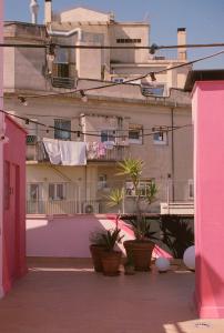 巴塞罗那波尔与格蕾丝酒店的粉红色门和盆栽植物的建筑