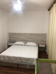弗洛里亚诺波利斯Apto aconchegante 100m Shopping Beiramar的一间卧室配有一张床和吊扇