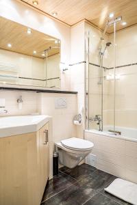 莱克斯Laax Rancho Family Apartment的浴室配有卫生间、盥洗盆和淋浴。