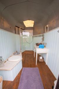 伯青顿Quex Livery Glamping的一间带水槽、卫生间和桌子的浴室