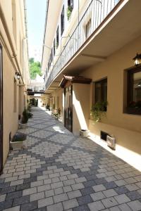 布拉索夫Safrano Palace的两座楼房之间一条小巷,两旁有植物