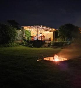 SarchíDreamcatcher house的夜间在院子里的池塘里的小船