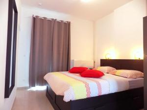沙勒罗瓦La Lodelinsartoise - Meublé de vacances 3 clés的一间卧室配有两张带红色枕头的床。