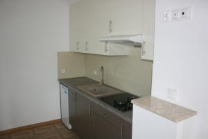 切米诺Pensjonat WiR na Kaszubach的厨房配有白色橱柜和水槽