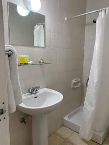 佩多拉斯双花酒店的浴室配有盥洗盆、镜子和浴缸