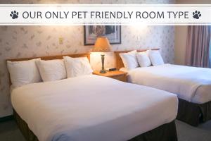 沃特顿公园阿斯彭村庄酒店的在酒店客房内的两张床,上面标有可读取我们唯一宠物友好型客房的标志