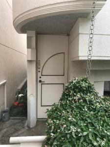 东京near shibuya quiet residential area的一座有灌木丛的建筑的白色前门