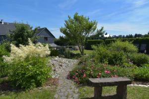 伦斯泰格地区施米德费尔德Ferienhaus "Am Eisenberg"- Wandern im UNESCO Biosphärenreservat Vessertal的花园里的石头长凳,花丛中