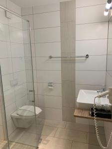 兰克韦尔大洋酒店的一间带卫生间和玻璃淋浴间的浴室