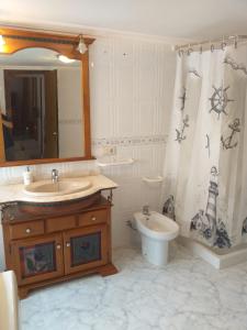 阿尔玛格鲁Casa Rural San blas的浴室配有水槽、卫生间和浴帘