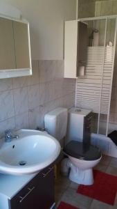 弗雷门Ferienwohnung bi Klatt tu Hus的浴室配有盥洗盆、卫生间和盥洗盆。