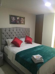 里奥阿查Hotel Atardecer Guajiro的一间卧室配有一张大床和两个红色枕头