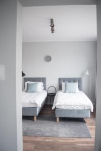 什切青TS Budget Stay的卧室设有两张床,拥有白色的墙壁和木地板