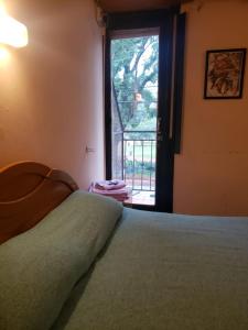 布宜诺斯艾利斯Hotel Manzanares Plaza的一间卧室设有一张床和一个美景窗户。