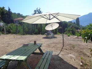 Yeniceköy法姆希尔住宿加早餐旅馆的野餐桌围 ⁇ 旁带雨伞的野餐桌