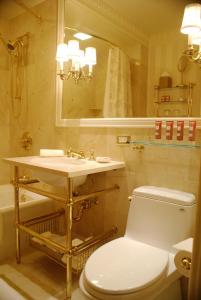 华盛顿亚当斯甘草酒店的一间带卫生间、水槽和镜子的浴室