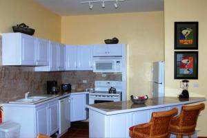瓦利海洋露台公寓式酒店的厨房配有白色橱柜和白色家电