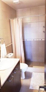 奥莫多斯Omodos Maria's Apartments的浴室配有卫生间、盥洗盆和淋浴。