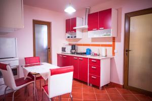 克卢日-纳波卡Mill House的厨房配有红色橱柜和桌椅