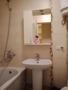 哈尔科夫2 к квартира между двумя станциями метро Студенческая и Академика Павлова的浴室配有盥洗盆、镜子和浴缸