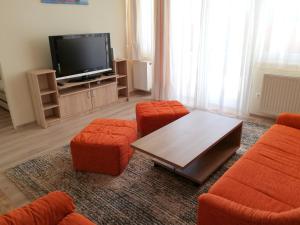 埃格尔Villa Dolce Vita的客厅配有橙色家具和平面电视。