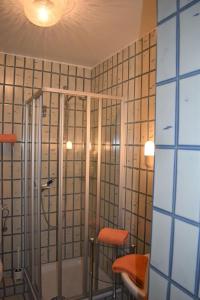 达默Haus-am-Deich-Wohnung-12的一间设有淋浴的房间和两张椅子