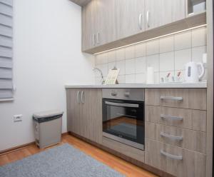 萨拉热窝Apartman Emir 1的厨房配有木制橱柜和炉灶烤箱。