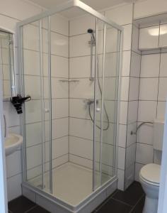 法克湖Gästehaus Lutschounig的一间带卫生间的浴室内的玻璃淋浴间