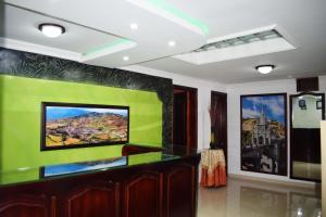 帕斯托Hotel Londres的客厅设有绿色的墙壁和电视。