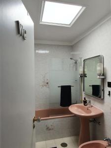 加亚新城Ninho Jardim do Morro的浴室配有盥洗盆和带镜子的淋浴