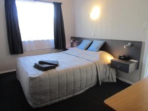 皮克顿桑尼维尔海滨汽车旅馆的一间卧室配有一张带蓝色枕头的床和一扇窗户。