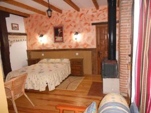 奥尔梅多La Mesnadita的一间卧室配有一张床和一个壁炉。