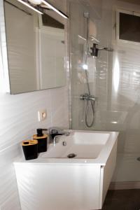 奥斯坦德De Zee的白色的浴室设有水槽和淋浴。