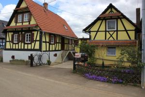 Ingolsheimchez salome et fritz的两座黄色和黑色的房屋,花朵花