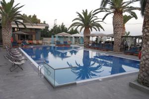 波利蒂卡Evvoiki Akti Hotel的度假村内一座种有棕榈树的大型游泳池