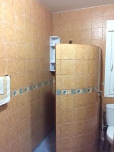 圣何塞Apartamentos Manbea的一间带卫生间和瓷砖墙的浴室
