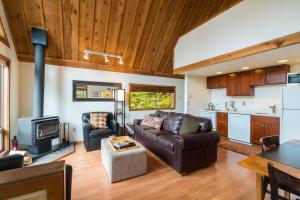 莱文沃思Vista View Chalet - 2 Bed 1 Bath Vacation home in Lake Wenatchee的带沙发和炉灶的客厅