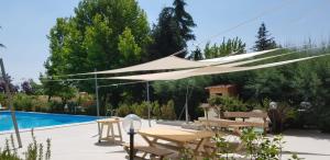 奥斯泰拉托贝尔菲奥里乡村民宿的白色的天篷,位于带游泳池的庭院上方