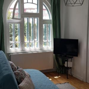 特尔戈维什泰Old Town Apartament的客厅设有大窗户和电视。