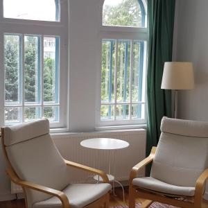 特尔戈维什泰Old Town Apartament的客厅配有两把椅子和一张桌子,窗户