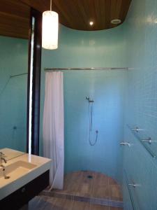 热水海滩Hot Water Beach Bure Wai的蓝色的浴室设有淋浴和水槽