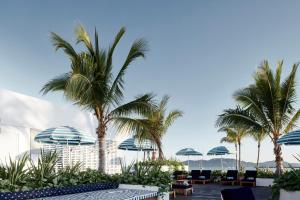 汤斯维尔城市度假酒店 - 赌场的一个带棕榈树、椅子和遮阳伞的庭院
