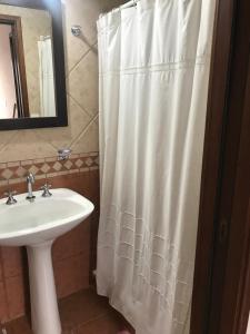 查斯科穆斯Departamento a 200 mts de la laguna的浴室设有白色的淋浴帘和水槽