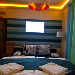 凯奇凯梅特Pál Villa - Premium Apartments - Kecskemét的一间卧室配有一张带蓝白色条纹墙的床