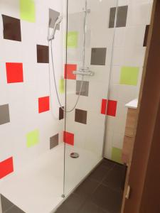 于塞勒Hotel Les Gravades Ussel的浴室里设有淋浴,铺有色彩缤纷的瓷砖