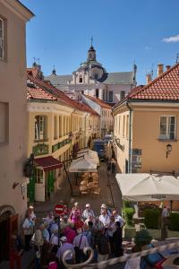 维尔纽斯Very Vilnius Stikliu street的一群人站在街道上,楼房