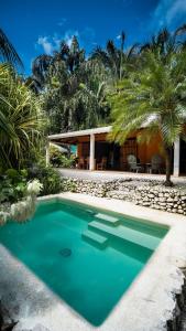 萨玛拉绿色小壁虎酒店的棕榈树屋前的游泳池