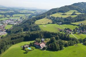 萨尔茨堡斯科恩奥西赫特酒店的绿色田野中房屋的空中景观