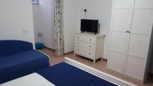 圣卡特琳娜迪纳德Torre dell'Alto apartment的一间配备有蓝色床和电视的小卧室